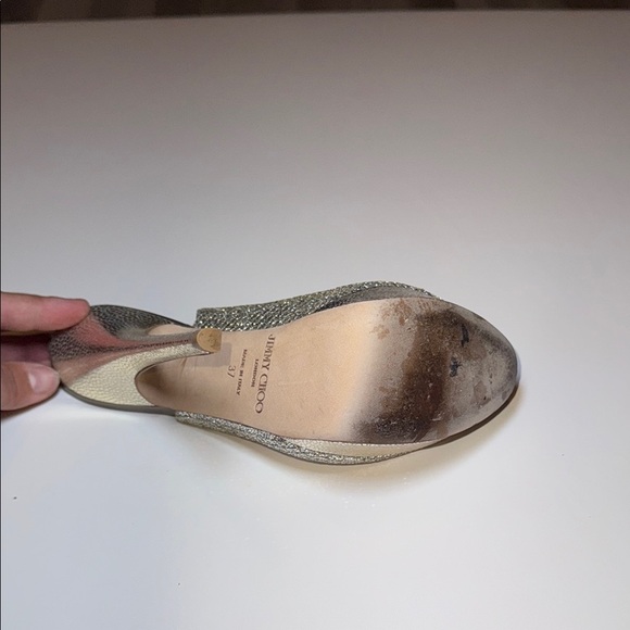 Jimmy Choo Glitter Fabric Champagne Peep Toe Sling Back Heel Size 37 Authentic - Picture 10 of 16